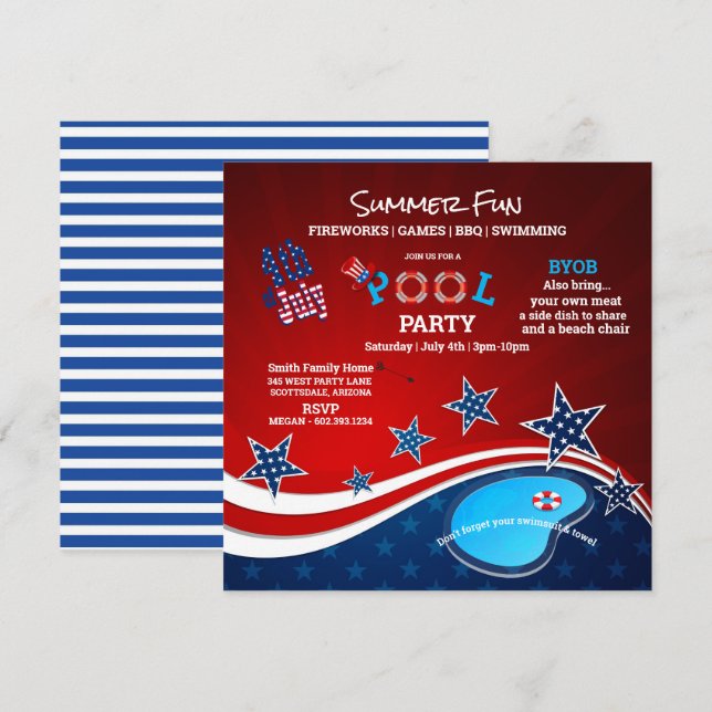 July 4th Pool Party BBQ Fireworks Invitation (Front/Back)