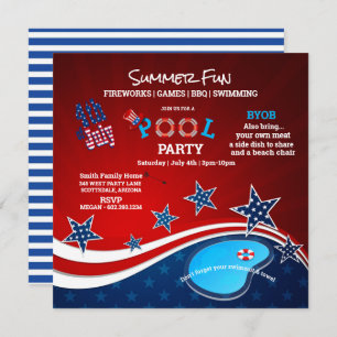 July 4th Pool Party BBQ Fireworks Invitation