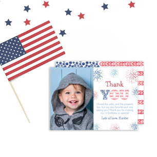 July 4th Red White And Blue Fireworks Kids Photo Thank You Card