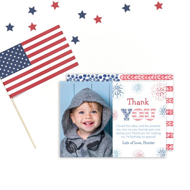 July 4th Red White And Blue Fireworks Kids Photo Thank You Card (Creator Uploaded)