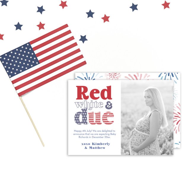 July 4th Red White And Due Picture Pregnancy Announcement (4th July Pregnancy Announcement; Red White Due Featuring Retro Typography And Watercolor Fireworks)