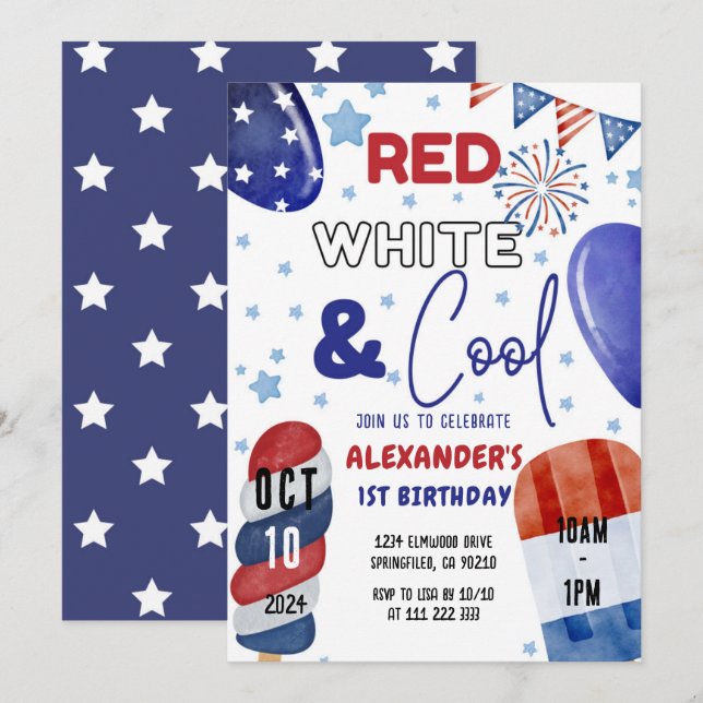 July 4th Red, White Blue 1st 3rd 5th 6th Birthday Invitation (Front/Back)