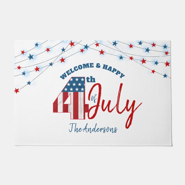 July 4th Red White Blue Patriotic USA Flag Stars Doormat (Front)