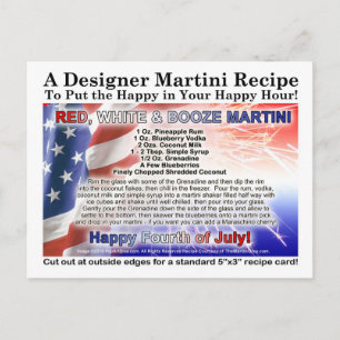 July 4th Red, White Booze Martini Recipe Postcard