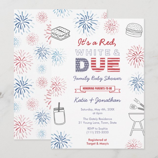July 4th Red White Due Family Baby Shower Party In Invitation (Front/Back)
