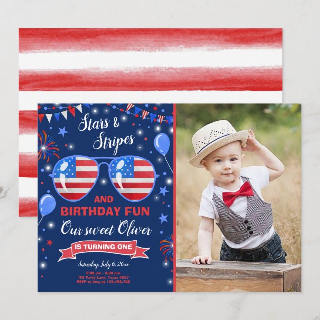 July 4th Stars and Stripes Firecracker Birthday Invitation (Front/Back)