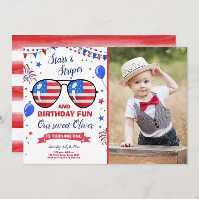 July 4th Stars and Stripes Firecracker Birthday Invitation (Front/Back)