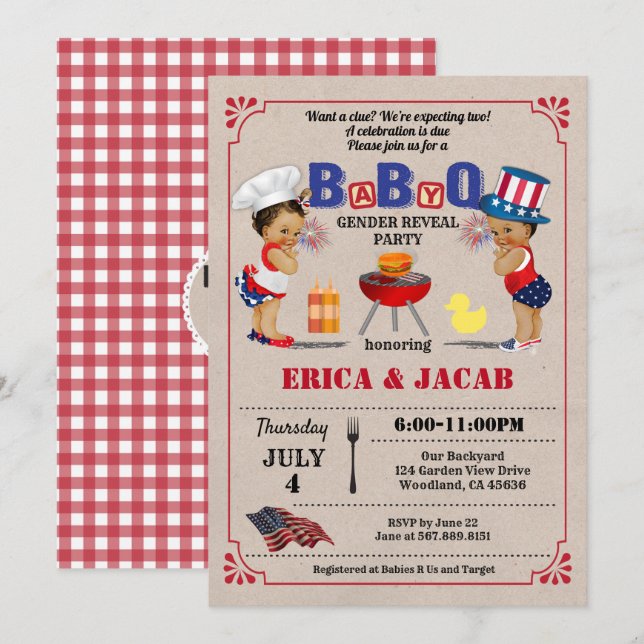July 4th twins couples BBQ baby shower Invitation (Front/Back)