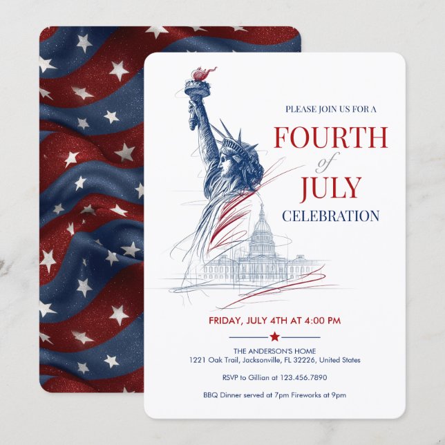 July 4th USA Flag & Statue of Liberty Illustration Invitation (Front/Back)