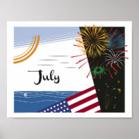 July Art Deco Beach Scene with Flag and Fireworks