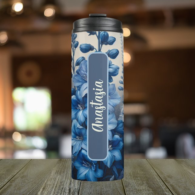 July Birth Flower Larkspur Personalised 16 oz Thermal Tumbler (Personalized 20 oz Thermal Tumbler With Birth Flower Larkspur Design for the Month of July.)