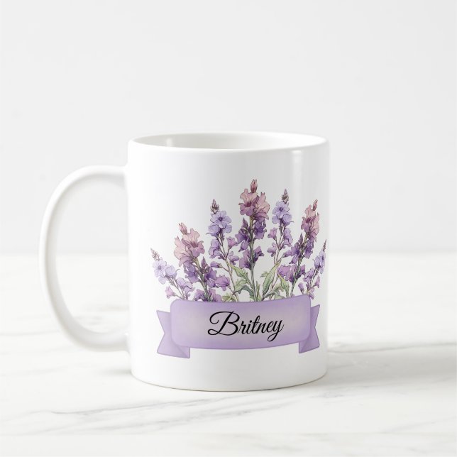 July Birth Flower Personalised Larkspur Coffee Mug (Left)