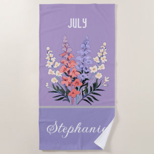 July Birth Flower Personalised Name  Beach Towel