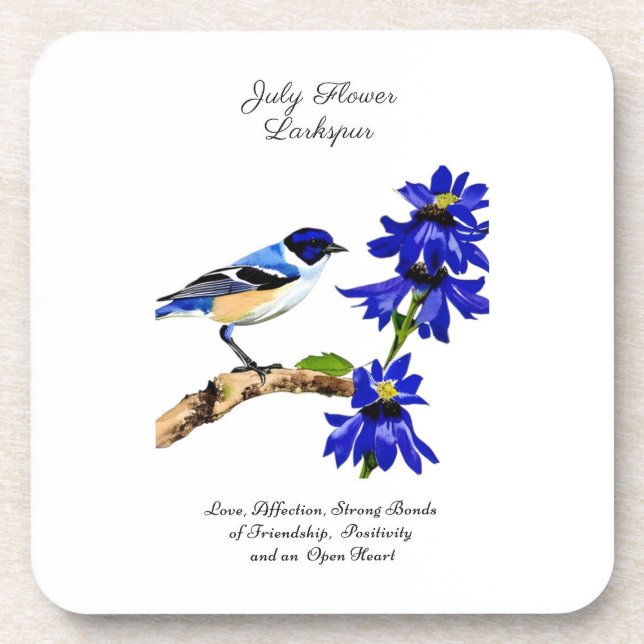 July Birth Month Flower Bluebird and Larkspur    Coaster (Front)