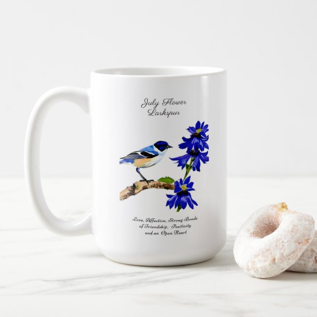 July Birth Month Flower Bluebird and Larkspur    Coffee Mug (With Donut)