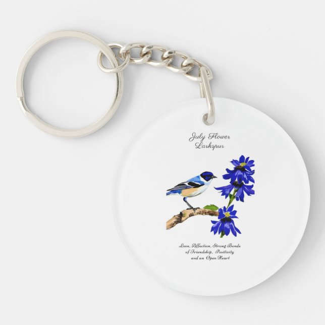 July Birth Month Flower Bluebird and Larkspur    Key Ring (Front)