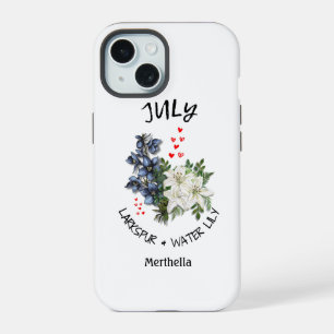 JULY Birth Month Flower Custom Name iPhone 15 Case