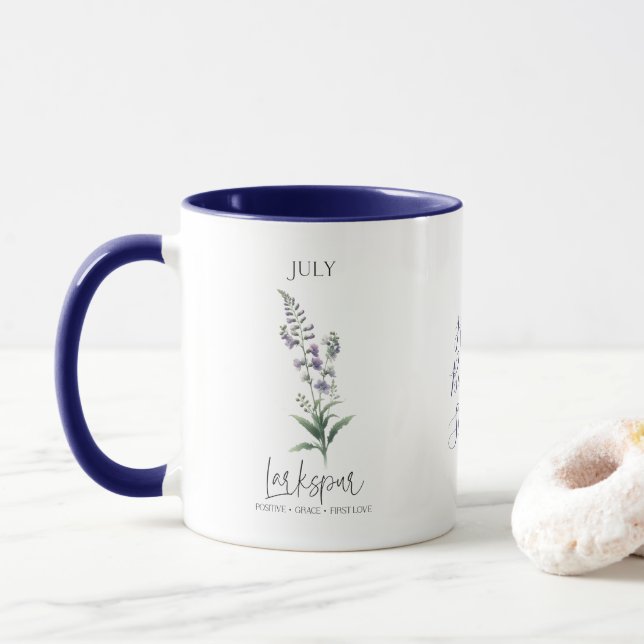 July Birth Month Flower Larkspur Birthday Gift Mug (With Donut)