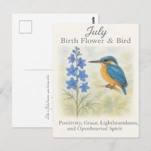 July Birthday Bird Blue Floral Vintage Inspiration Postcard
