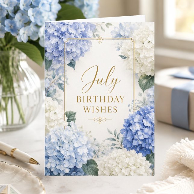July Birthday Card with Elegant Blue Hydrangeas (Creator Uploaded)