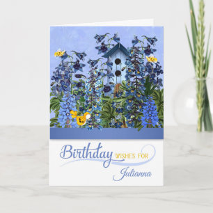 July Birthday Larkspur Garden with Birdhouse Name Card