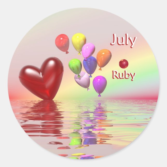 July Birthday Ruby Heart Classic Round Sticker (Front)