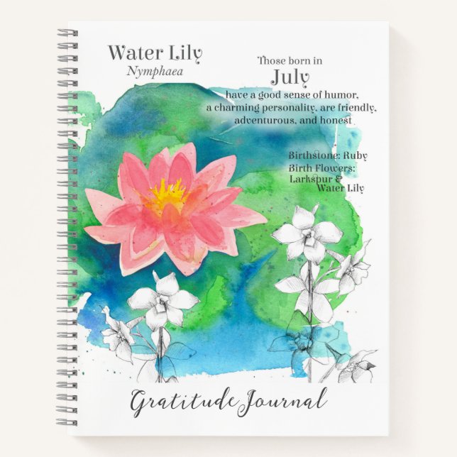 July Birthday Waterlily Larkspur Gratitude Journal (Front)
