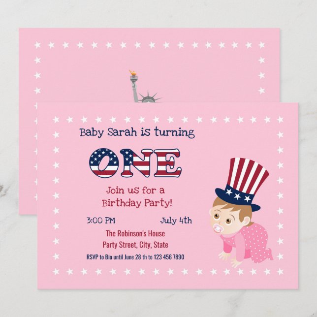 July fourth 1st Birthday Baby Girl Party  Invitation (Front/Back)