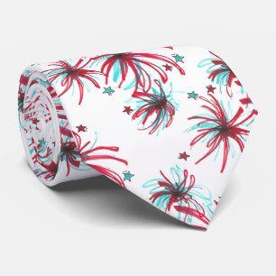 July Fourth 4th USA Red White Blue Fireworks Burst Tie