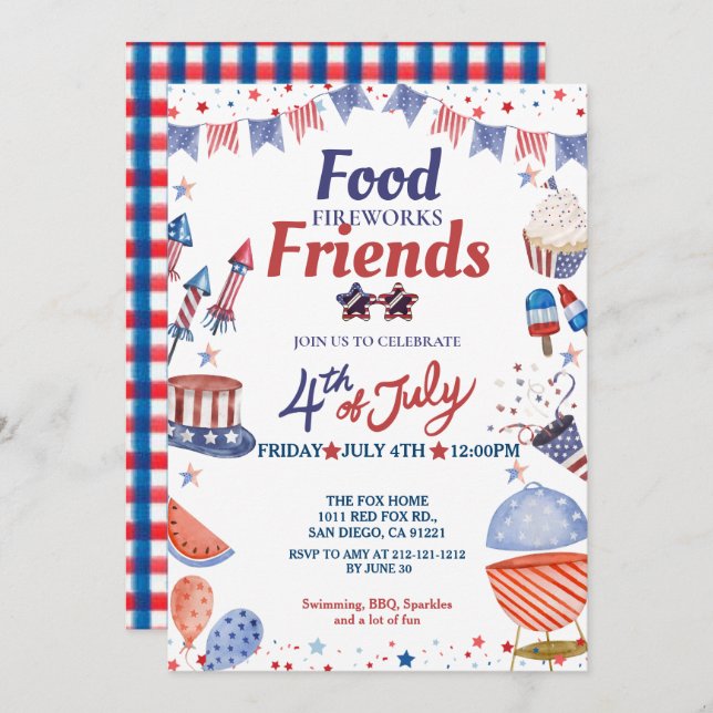 July Fourth Food Friend and Firework, Party Invitation (Front/Back)