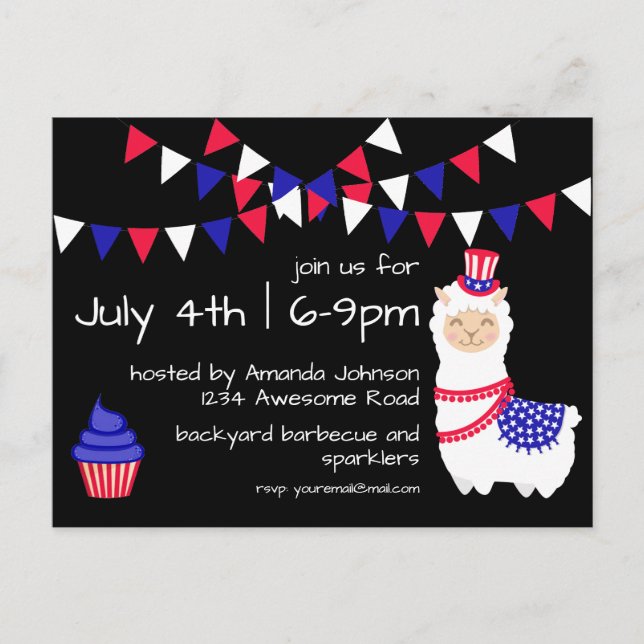 July Fourth Llama Party Postcard (Front)