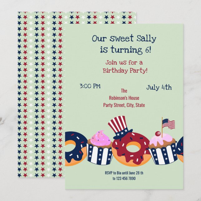 July fourth Sweet Birthday Girl Party  Invitation (Front/Back)