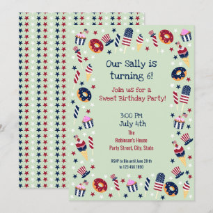 July fourth Sweet Birthday Girl Party  Invitation