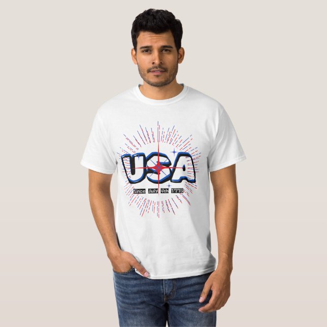 July Fourth USA Text N Rays Red Blue White Design T-Shirt (Front Full)