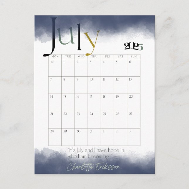 July Grey Modern Monthly Calendar 2025 Postcard (Front)