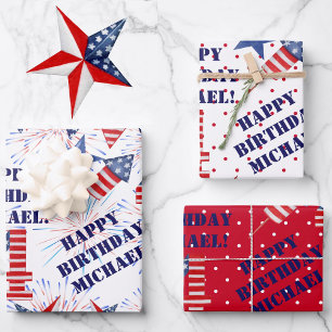 July Happy Birthday  Personalise Name 3 Gift Wrapping Paper Sheet