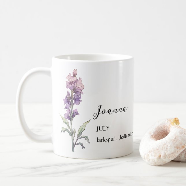 JULY LARKSPUR BIRTH FLOWER MONTH NAME GIFT COFFEE MUG (With Donut)