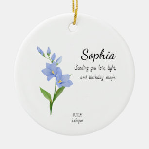 July Larkspur Personalized Birthday Ceramic Tree Decoration