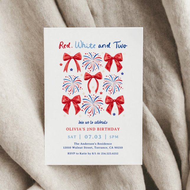 July Red White and Two Girl 2nd Birthday Party Invitation (Creator Uploaded)