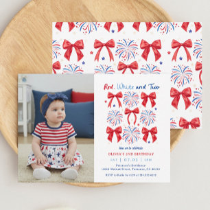 July Red White and Two Girl 2nd Birthday Photo Invitation