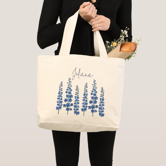 July's Blue Delphinium Flowers  Large Tote Bag (Front (Product))