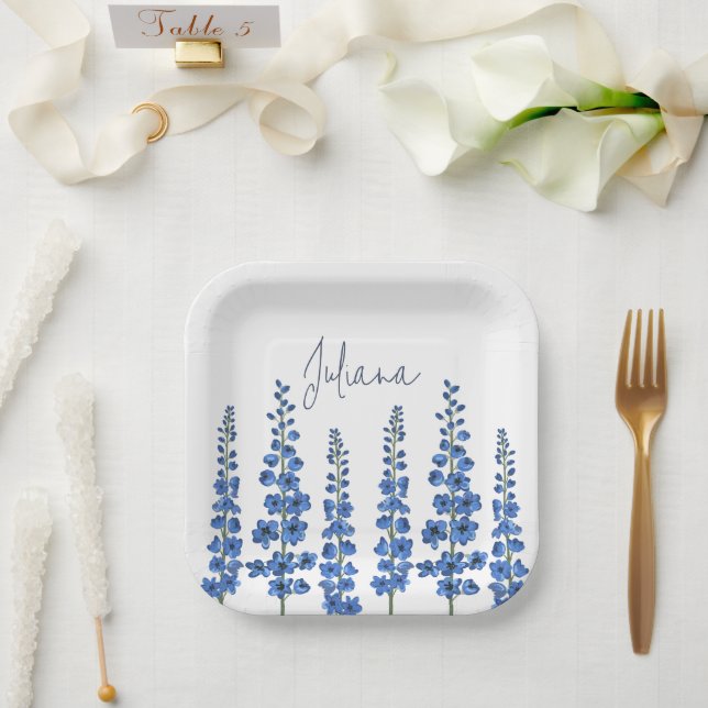 July's Blue Delphinium Flowers  Paper Plate (Wedding)