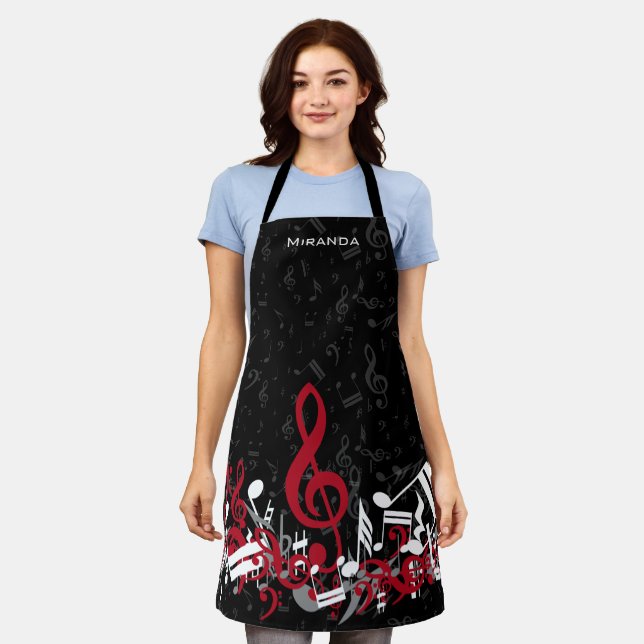 Jumbled Music Notes Red Grey and White on Black Apron (Worn)