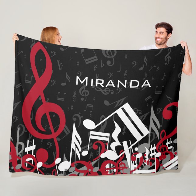 Jumbled Music Notes Red Grey and White on Black Fleece Blanket (In Situ)