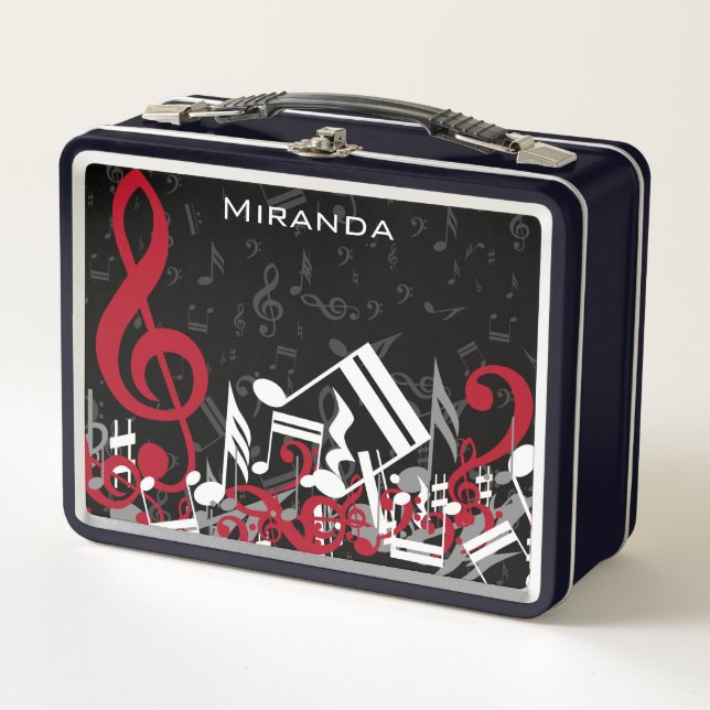 Jumbled Music Notes Red Grey and White on Black Metal Lunch Box (Front)