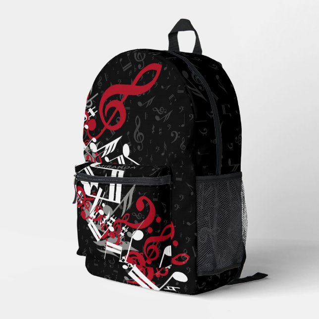 Jumbled Music Notes Red Grey and White on Black Printed Backpack (Back Corner Right)