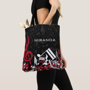 Jumbled Music Notes Red Grey and White on Black Tote Bag