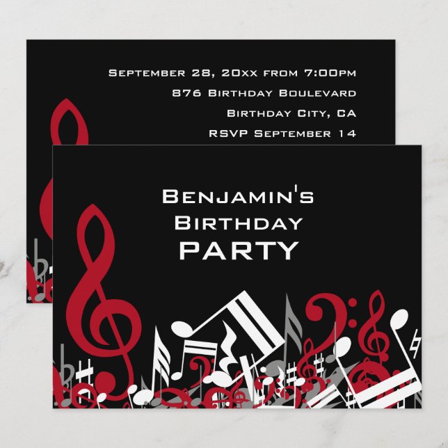 Jumbled Music Notes Red Grey White Birthday Party Invitation (Front/Back)