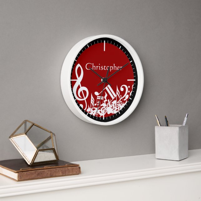 Jumbled Musical Notes White on Red Wall Clock (Office)