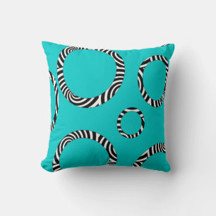 Jumbo Aqua, Black, White Striped Circles Pillow